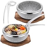 Lallisa 2 Set Dolsot Bibimbap Stone Bowl with Wood Base and Aluminum Tongs Dolsot Pot Stone Bowls...