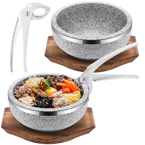Lallisa 2 Set Dolsot Bibimbap Stone Bowl with Wood Base and Aluminum Tongs Dolsot Pot Stone Bowls...
