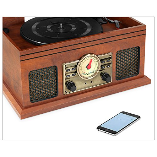 Victrola VTA-250B-MAH 4-in-1 Nostalgic Bluetooth Record Player with 3-Speed Turntable FM Radio and Aux-in Mahogany - Les Beatles, Paul McCartney, John Lennon, RIngo Starr, George Harrison Victrola VTA-250B-MAH 4-in-1 Nostalgic Bluetooth Record Player with 3-Speed Turntable FM Radio and Aux-in Mahogany – Image 4