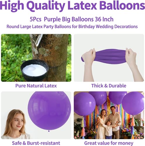 Image of 5Pcs Purple Big Balloons 36 Inch, Round Large Latex Party Balloons for Birthday Wedding Decorations