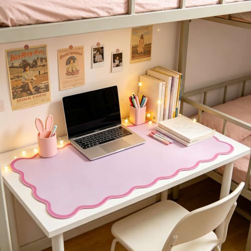 yuboo Scalloped Pink Desk Mat, 31" x 15.7" Cute Large Aesthetic PU Leather Desk Pad, Non-Slip Waterproof Keyboard Mouse Desk Mat, Kawaii Desk Accessories for Office, Home, Gaming & Dorm Decor — view 6