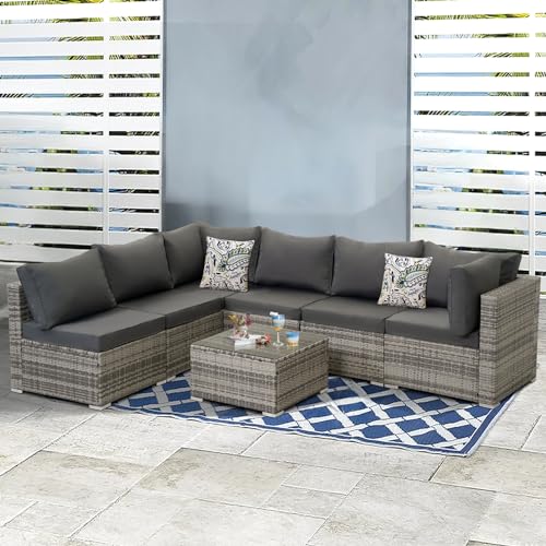 FHFO Patio Furniture Set Outdoor 7 Pieces Modular Patio Set Wicker Outdoor Sectional Sofa Set Rattan Patio Conversation Set with 2 Pillows/w Cushions & Coffee Table for Outside, Porch,Gray-Dark Gray