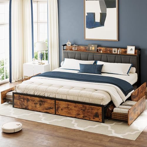 Image of LIKIMIO California King Bed Frame with 4 Storage Drawers, Platform Bed with Charged Headboard, Sturdy and Stable, No Noise, No Box Spring Needed, Easy to Install, Vintage Brown and Gray