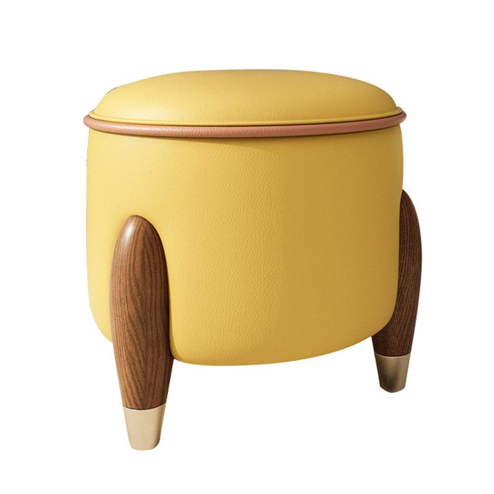 Repose-pieds en bois ottoman rond jaune 33x33x35cm pour salon et chambre