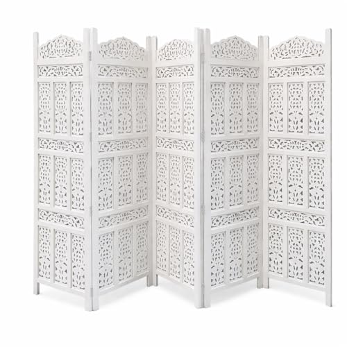 Image of Home & Goods International Wooden Room Divider Partition - Wood Screen Separator for Living Room, Bedroom, Office, Restaurant || Kangra Badrun Design, White (5 Panel)