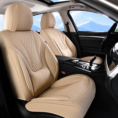 Image of Coverado Waterproof Nappa Leather Car Seat Covers, Automotive Fullset Seat Covers, 5 Seat Car Seat Cushion & Car Seat Protector, Beige Front and Rear Covers Universal Fit for Most Cars, SUVs, Trucks