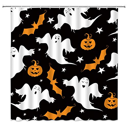 Xzman Spooky Halloween Shower Curtain Funny Ghost Bats Pumpkin Stars Cute Halloween Black White Orange Polyester Fabric Bathroom Decor Set Include Hooks,(70" Wx70 H) #TOP1