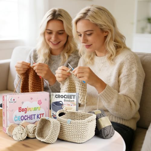 Image of 27PCS Crochet Basket Kit for Beginners (L&S), Complete Crocheting Basket for Storage, Knitting Starter Set with Instruction , Beginner Crochet Kit for Adults, Crocheting Gift for Home Decor Family
