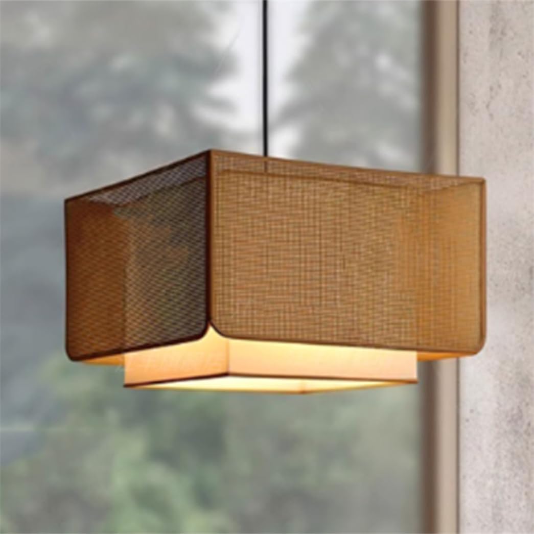 CWVYKNP Japanese Style Dining Room Pendant Light Fixture Square Double Rattan and Fabric Hollow Lantern Lampshade Industrial Wicker Chandelier for Kitchen Living Room Hallway, Foyer