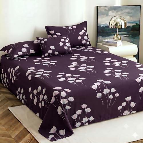 Image of DECOMIZER XL Microfiber Soft Cotton Queen Bedsheet for Double Bed, Queen Size 90 Inches X 100 Inches, 230 X 250 cm with 2 Large Size Pillow Covers - VoiletWhiteFlower