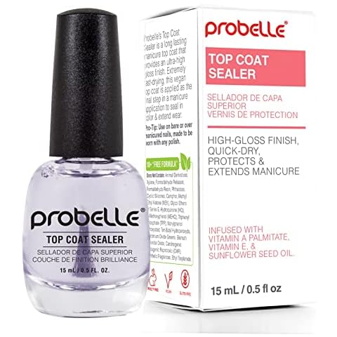 Probelle Top Coat Sealer, Quick Dry Nail Polish Top Coat, High Shine Glossy Nail Finish, Instantly Forms Clear Barrier For Enamel Protection, Fast Dry Manicure, Long Lasting Results, 0.5 fl oz/ 15 mL Cover