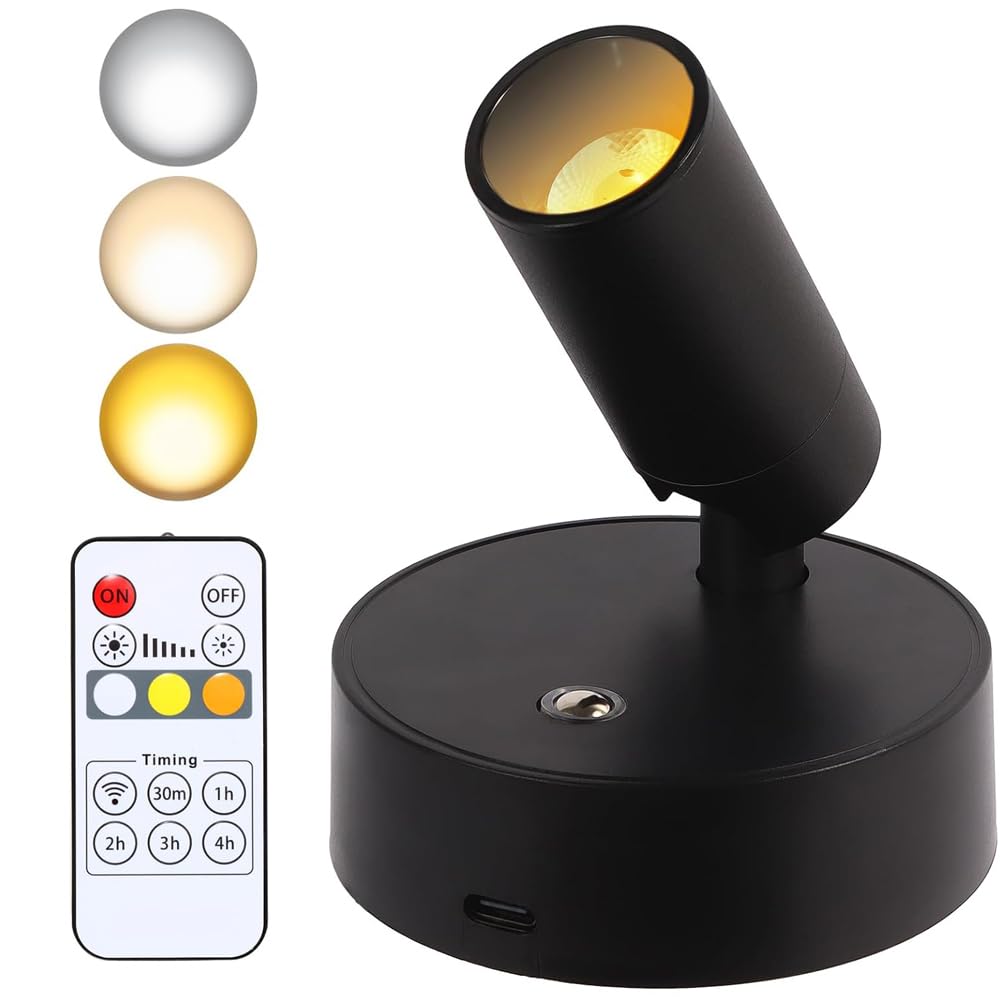 Beauenty Wireless SpotLights Indoor with Remote, 3 Colour Temperatures, Dimmable LED Spot Puck Lights, Wall Light for Art, Plants, Portraits, Reading (Black)