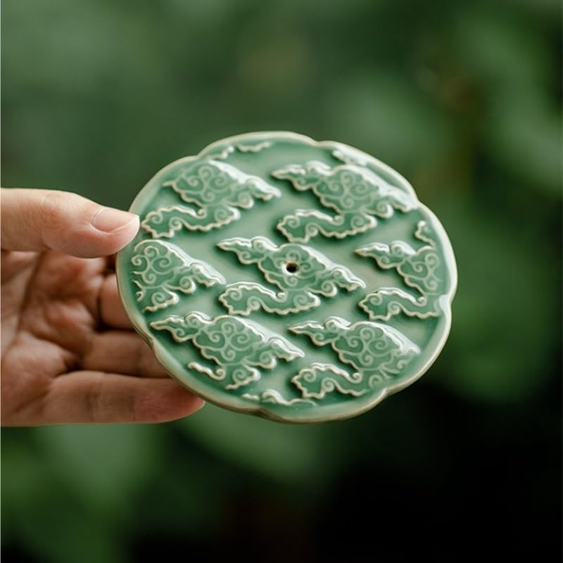 Incense Burner Celadon Relief Incense Burner Chinese Round Incense Holder Household Ceramic Incense Tray Buddhist Hall Wire Incense Burner Incense Stick Holder