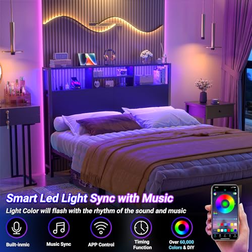 Image of Aheaplus Headboard for Full Size Bed with Storage, Headboards with Outlets | Full Size Head Board Only, with USB Ports and LED Light, Height Adjustable, Reversible, Sturdy & Stable Headboard, Black