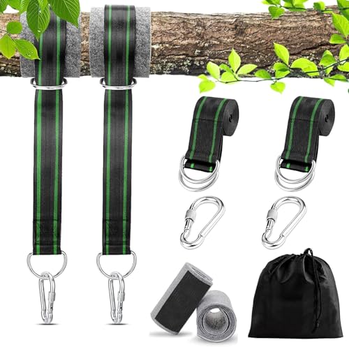 Set de 2 fijaciones para columpio de árbol y fijación para hamaca de 150 cm x 5 cm, soporta hasta 900 kg, para suspensión de silla colgante, incluye 2 mosquetones, anillos en D, con almohadillas de