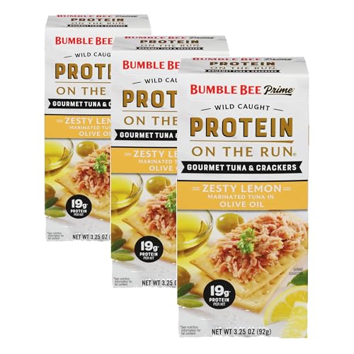 Image of Bumble Bee Prime Protein on the Run Tuna Snack Kit - Gourmet Tuna Marinated in Olive Oil & Zesty Lemon with Crackers and Serving Utensil - 19g of Protein Per Serving (Pack of 3), Easy Open Cans