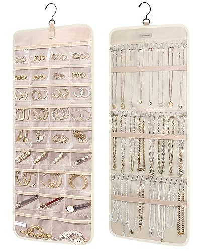 BAGSMART Hanging Jewelry Organizer Storage Roll with Hanger Metal Hooks Double-Sided Jewelry Holder for Earrings, Necklaces, Rings on Closet, Wall, Door, 1 piece, Large, Beige
