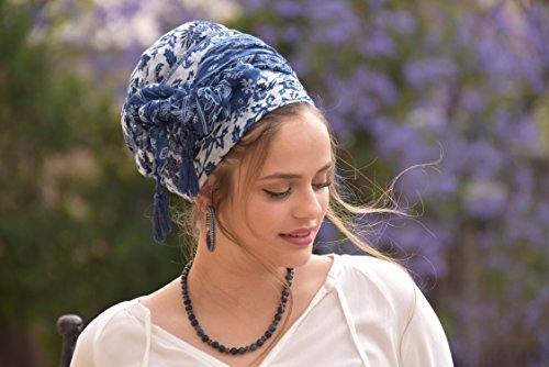 Sara Attali Tichel Full Hair Covering, Rectangle Headscarf, Big Headwrap, Tichel, Mitpachat One Size, Soft Blue White2