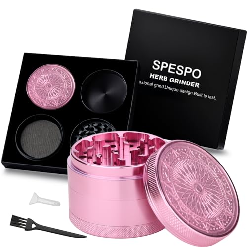 Spespo Herb Grinder, Aluminium Premium Grinders 2.5 Zoll(63mm) mit geprägter Blume, 4-teilig, großer Grinder mit Pollen-Schaber (Pink)