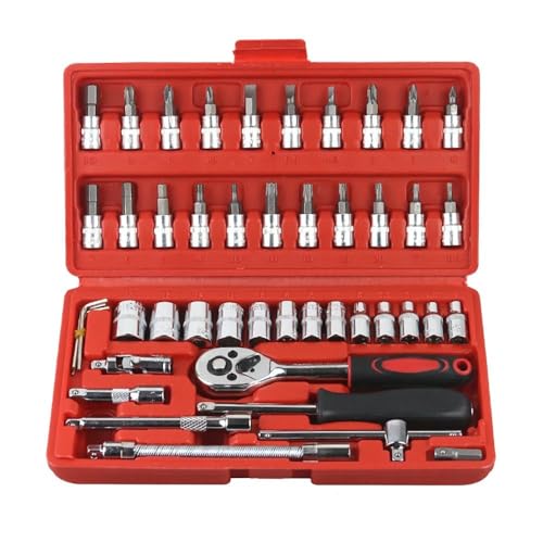 penpenlu 46pcs 1/4 Inch Drive Socket Set Ratchet Wrench Set Car Tool Kit, Bit Socket Wrench Set Metric Mechanic Tool Set (Color: Red)