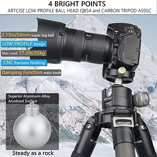 Compact 54mm Ball Tripod Head with 360° Panoramic CNC Aluminum Alloy Ball-head and Arca Swiss Quick Release Plate for up to 77lbs/35kg Load
