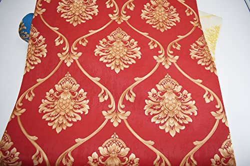 Retro Simplicity 3D Fine Embossed PVC Wallpaper European Damasks Bedroom Living Room TV Background Wall Shop Decoration Clothing Store Studio Coffee Shop Hotel 1.73'W x 32.8'L Non-Pasted (Red) - Image 4