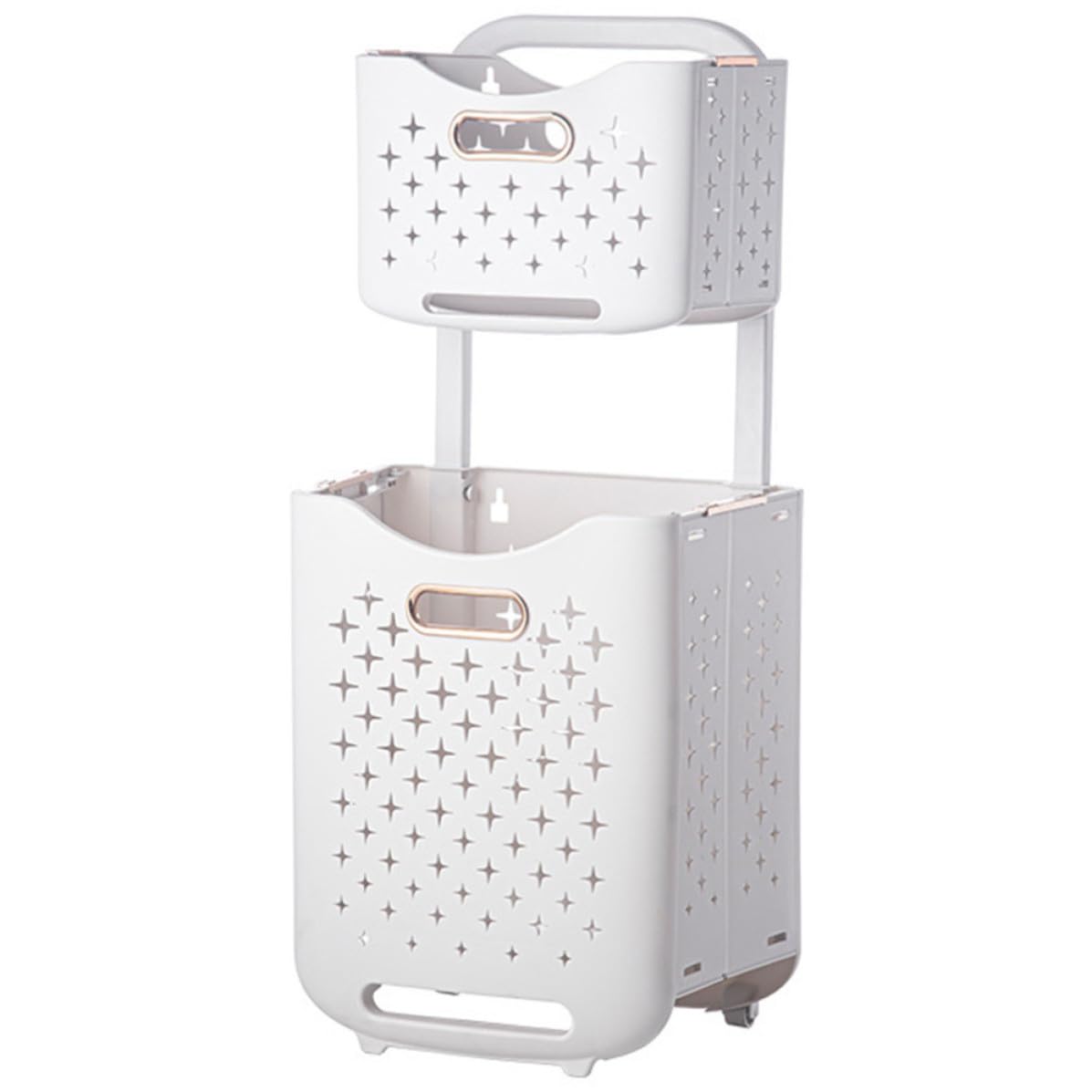 Cesto da Bucato Doppio Strato Pieghevole con Ruote in Plastica Bianco, Contenitore Salvaspazio per Riporre Abiti in Casa e Negozio