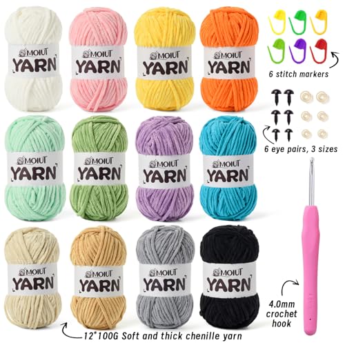 Image of 12 Pack Velvet Yarn for Knitting, Chunky Chenille Yarn for Crocheting, Baby Yarn for Crocheting Soft Blanket, Super Bulky 42.3oz(1049yds), Multicolor Amigurumi Yarns Set B