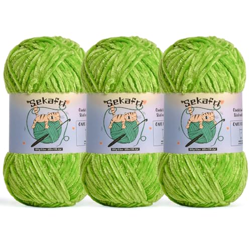 Image of 3 Pack of 300g (590yds) Fuzzy Chenille Yarn for Crocheting,Fluffy Amigurumi Crochet Yarn for DIY Craft /Hat /Clothes, Soft Velvet Baby Blanket Yarn（3 Lime Green）