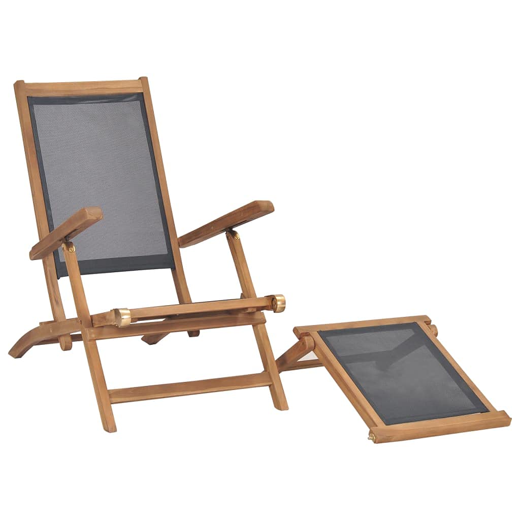 Sedia a sdraio in legno di teak, con schienale regolabile e poggiapiedi rimovibile, nera, per giardino e terrazza
