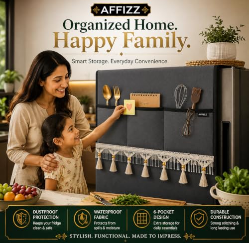 Image of Premium Decorative Fridge Cover Top with Tassel Lace for Double Door Refrigerator - Waterproof, Dustproof & Washable Polyester Fridge Cover with 6 Side Pockets for Kitchen (Dark Grey)