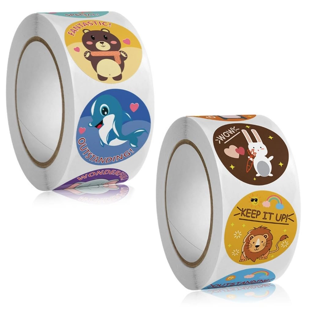 1000 Pieces Reward Stickers for Classroom,2 Rolls 16 Designs Cute Animal Patterns Motivational Stickers for Teacher Home