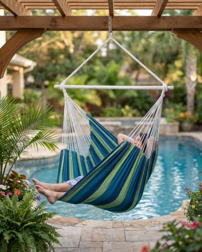 Image of XXL Hammock Chair Hanging Rope Swing with 2 Cushions - Max 500lbs-Perfect for Patio, Porch, Bedroom, Backyard, Indoor or Outdoor - Includes Hanging Hardware Kits