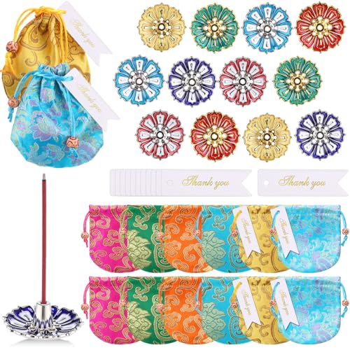 Teecyhooo 12 Sets Indian Return Gifts for Pooja Bulk Colorful Lotus Incense Holder Metal Incense Sticks Holder with Brocade Bags and Thanks Tags for Pooja Wedding Housewarming Spa Decor