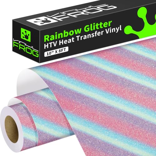 Image of VINYL FROG Rainbow Glitter HTV Vinyl Roll 10'' x 8ft Gradual Rainbow Glitter Iron on Vinyl for All Cutting Machine Sparkly Heat Transfer Vinyl for T-Shirts & DIY Craft Gifts