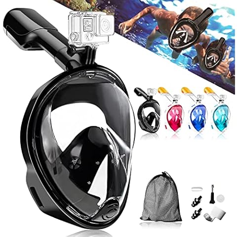 HINATAA 180°Full Face Snorkel Mask,Free Breathing Design with Detachable Camera Mount Anti-Fogging Anti-Leak with Adjustable Head Straps Professional Snorkeling Set to Adults Youths (Black, L/XL) Cover