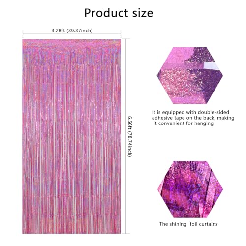 Image of Pink Foil Fringe Curtains Party Decorations, 3.28x6.56ft Sparkling Streamer Tinsel Backdrop for Girls /Princess Birthday Party