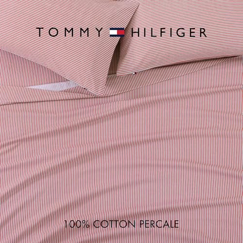 Image of Tommy Hilfiger - Sheet Set, Cotton Percale Bedding with Matching Pillowcases, Crisp & Cool, Premium Quality Home Essentials (Highland Ticking Stripe Red, Full)