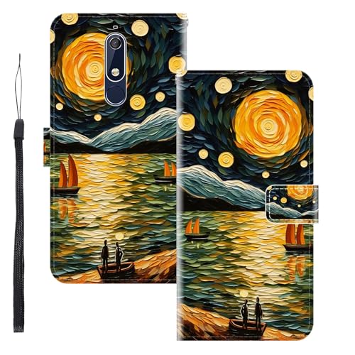 WUACYEAMING Funda para Nokia 5.1,con Soporte/Ranura de Tarjeta Cubierta Premium Magnético Suporte TPU Protectora Fundas PU Cuero Flip Multifuncional El mar y los Barcos