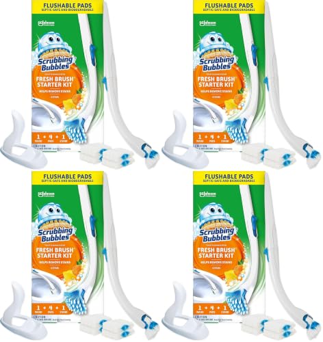 Image of Scrubbing Bubbles Toilet Bowl Brush and Holder with Cleaner Refill Pads, Fresh Brush Toilet Wand Starter Kit, Cleans Limescale & Fights Odors, Citrus Scent, 1 Wand + 4 Refills + 1 Stand (Pack of 4)