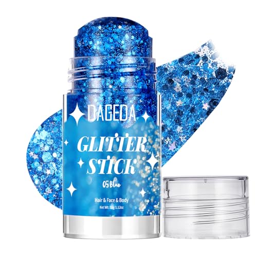DAGEDA Blue Body Glitter Stick Sparkly Hair Face Glitter Makeup for Women Rave Outfit Accessories Holographic Mermaid Glitters Face Paint Stick for Women Halloween Makeup 1.12 oz
