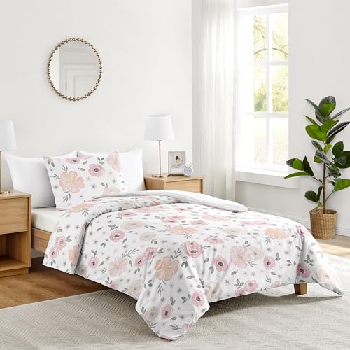 Image of Sweet Jojo Designs 2-Piece Twin Comforter Set (Pink /Grey Boho Floral) for Girls, Kids, Teen, College Bed Room incl. Single Size Bedding & Sham (Watercolor, Flower, Elegant Rose, Farmhouse, Blush Gray)