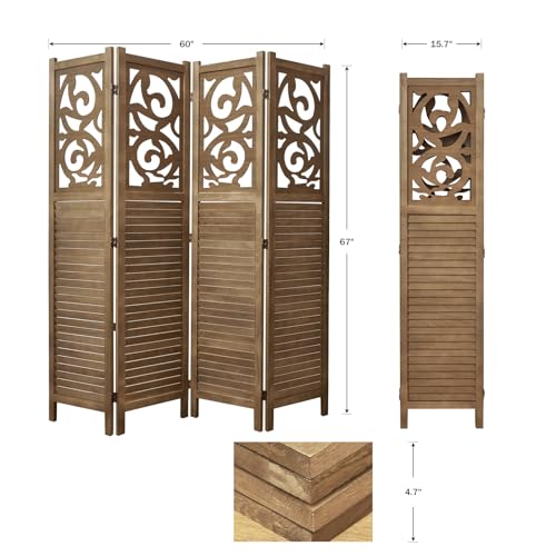 Room Divider Wood Carved Wall Divider Indoor Folding Portable Partition Screen for Home Office Garden Terrace - 4 Panel, 67 * 60inch (Dark Brown)