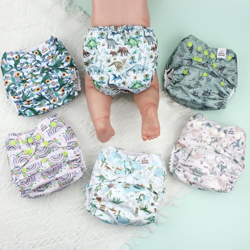 Image of Mama Koala 3.0 Pocket Cloth Diapers for Babies with AWJ Lining, 6 Pack with 6 4-Layer Natural Cloth Diaper Inserts - Reusable and Washable Pocket Diapers(Cute Dinosaurs)