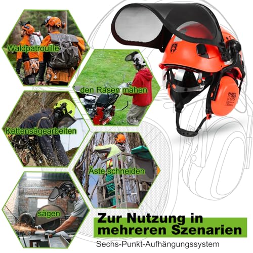GREEN DEVIL Forstbetrieb-Kettensäge-Schutzhelm EN397 Zertifiziert - 5-in-1-System mit Maschen-Gesichtsschutz, eingebaute Visier & Ohrenschützern - gelüftet, für Holzfall- und Gartenarbeit - Unisex