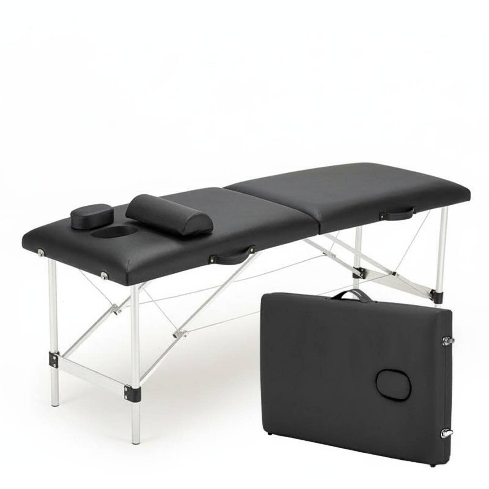 Cama de Masaje Mesa Portátil Camilla de Estética Banco de con Acolchado de 5cm y Cubierta de PVC Estructura de Aluminio Reforzada de Acero Orificio, Negro, 185x60cm