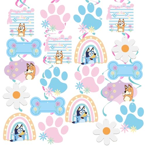 20Pcs Puppy Pawty Dog Birthday Hanging Swirls with Dog Paw Bone Daisy Flower Hanging Streamers Whirl, Girls Wackadoo Birthday Ceiling Decor for Blue Dog Party Decorations, Groovy Baby Shower
