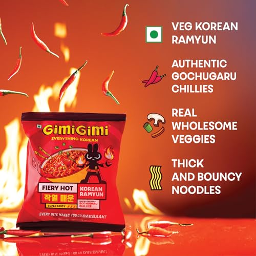 Image of GIMI GIMI - Fiery Hot, 125g | Veg Korean Ramyun | Authentic Gochugaru Chillies | Thick & Bouncy Noodles