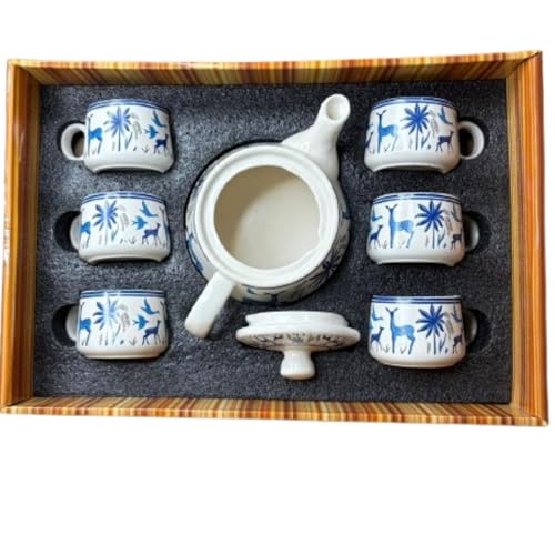 Image of DMRD MART-Handcrafted Ceramic Stag 7PC Tea Cup Set with Kettle Safe 6 Cups 1 Kettle | Tea Pot Set 1000ml Ceramic Porcelain Cup Set of 6 Perfect for Serving Coffee Green. (Dear Print 7pc)