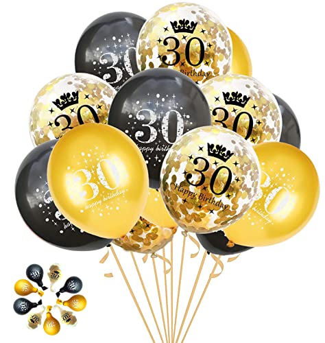 Jonhamwelbor 30th Birthday Balloons Gold and Black Party Decorations 15 Pack 12 inch Latex and Confetti Balloon Printed with Happy Birthday 30 for Women Men